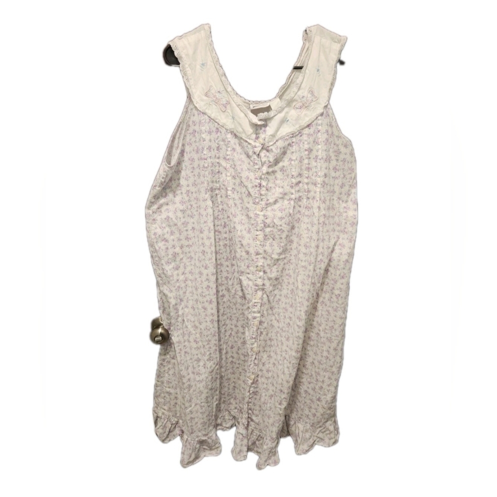 Romantic Vintage Cottage Nightgown 1970s Floral Bows, Scalloped Lace Trim Large